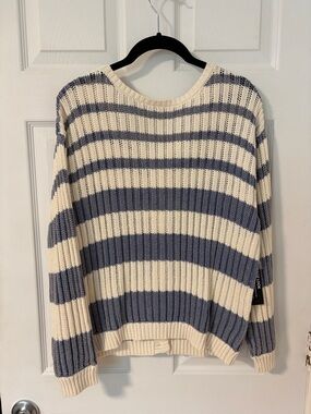 Tribal Jeans Cream and Blue Striped Open-Knit Crew Sweater